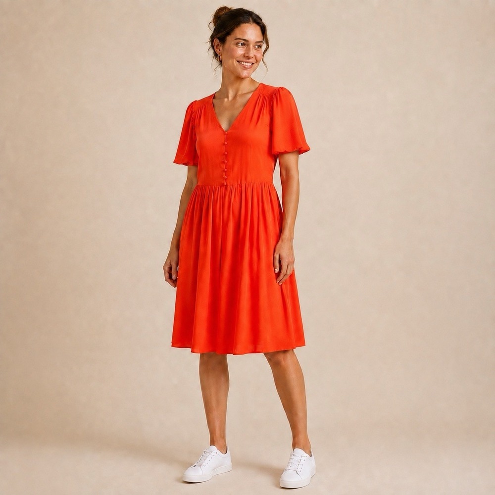 Scotch & Soda Women's XL Orange Red Viscose Button Front Knee Length Dress